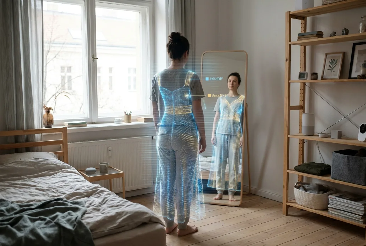 A holographic garment fitted onto a person at life size at home