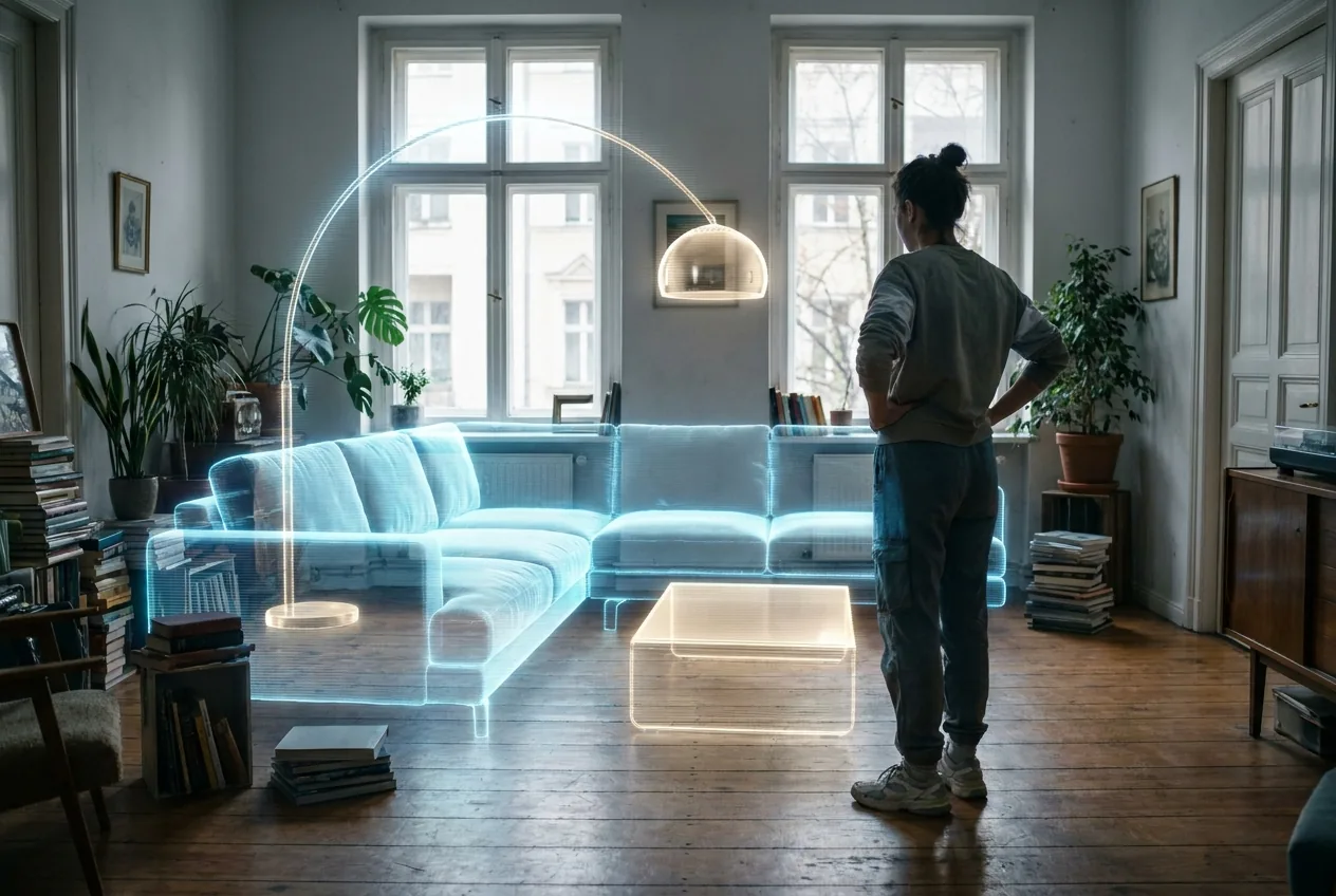 Holographic furniture placed at true scale in a real living room