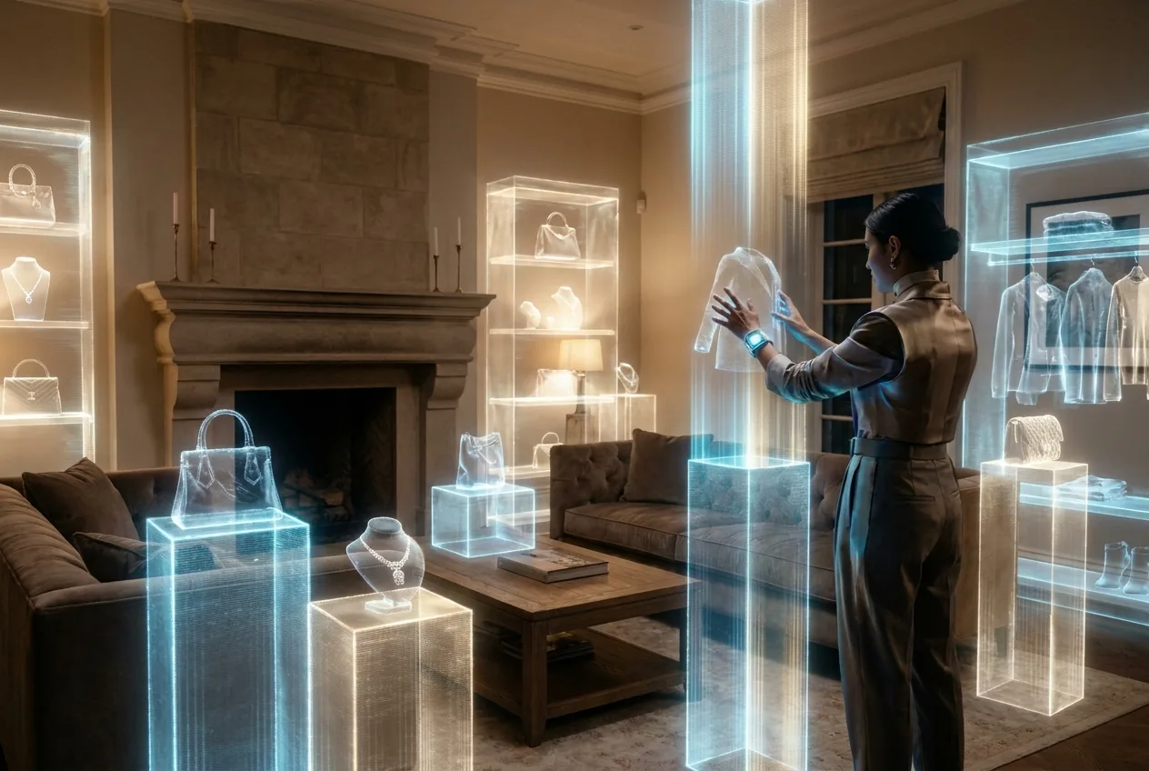 A living room transformed into a holographic boutique