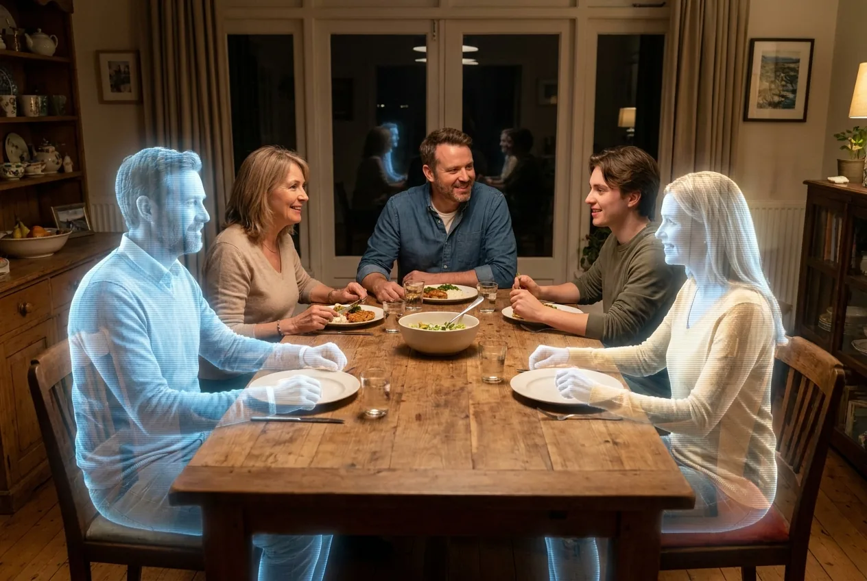 Family present together as holograms around one dinner table