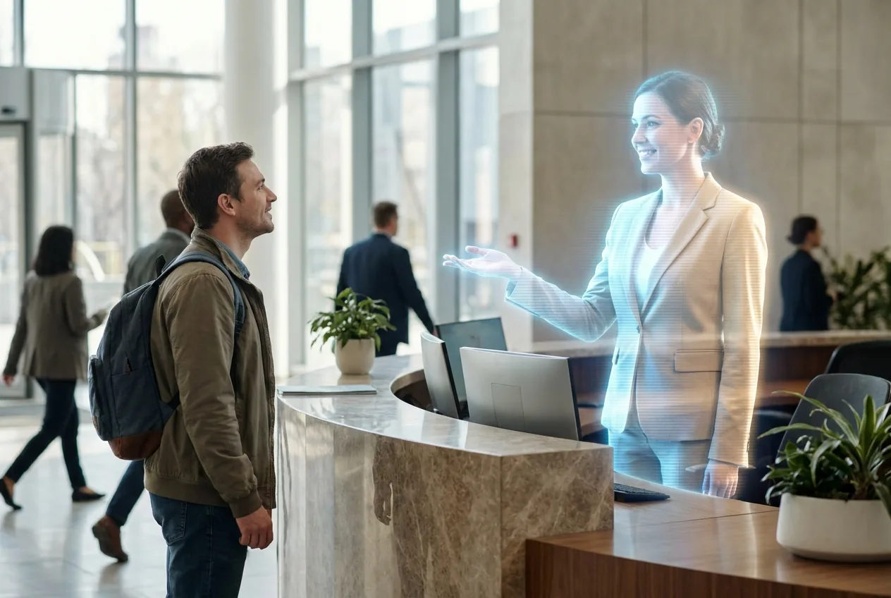 A holographic twin greeting a visitor at a venue welcome desk