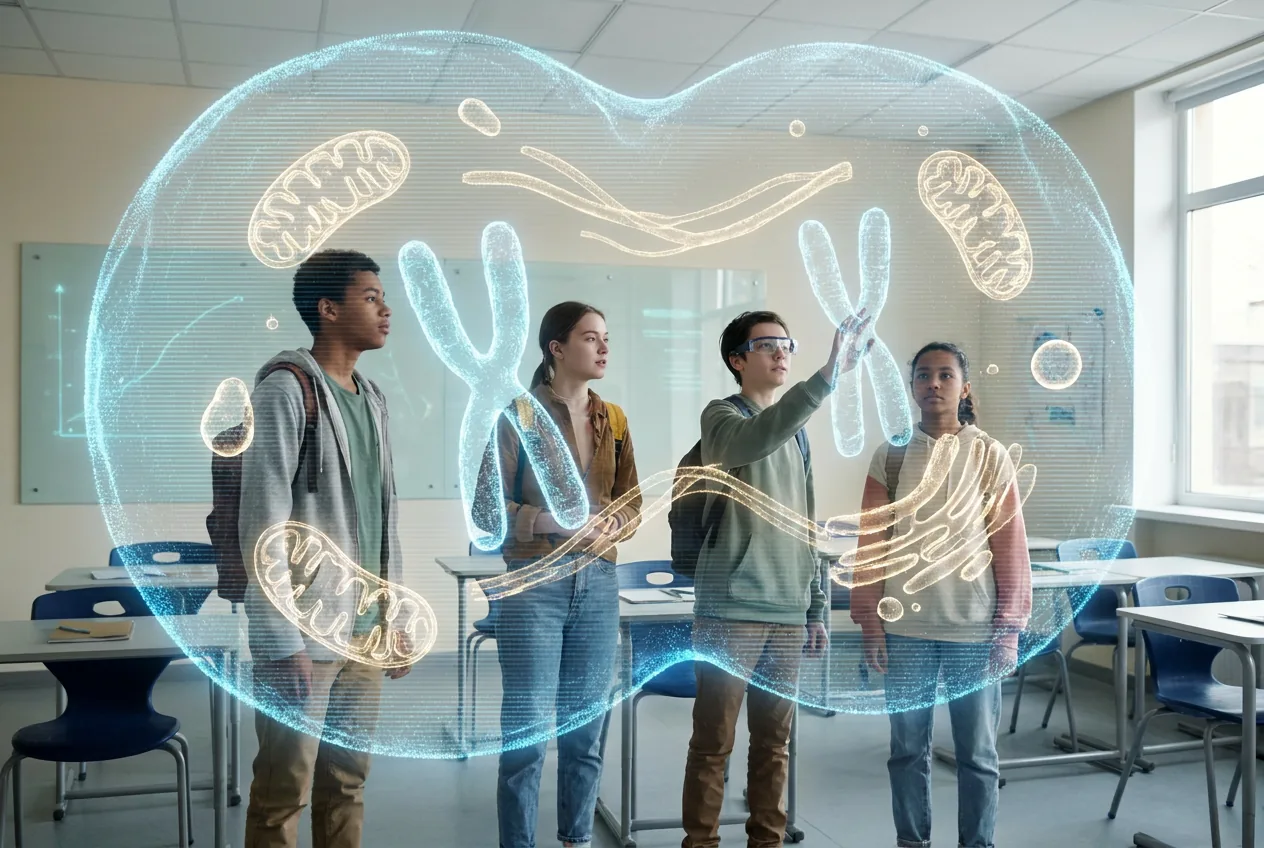 Students standing inside a giant holographic biology cell