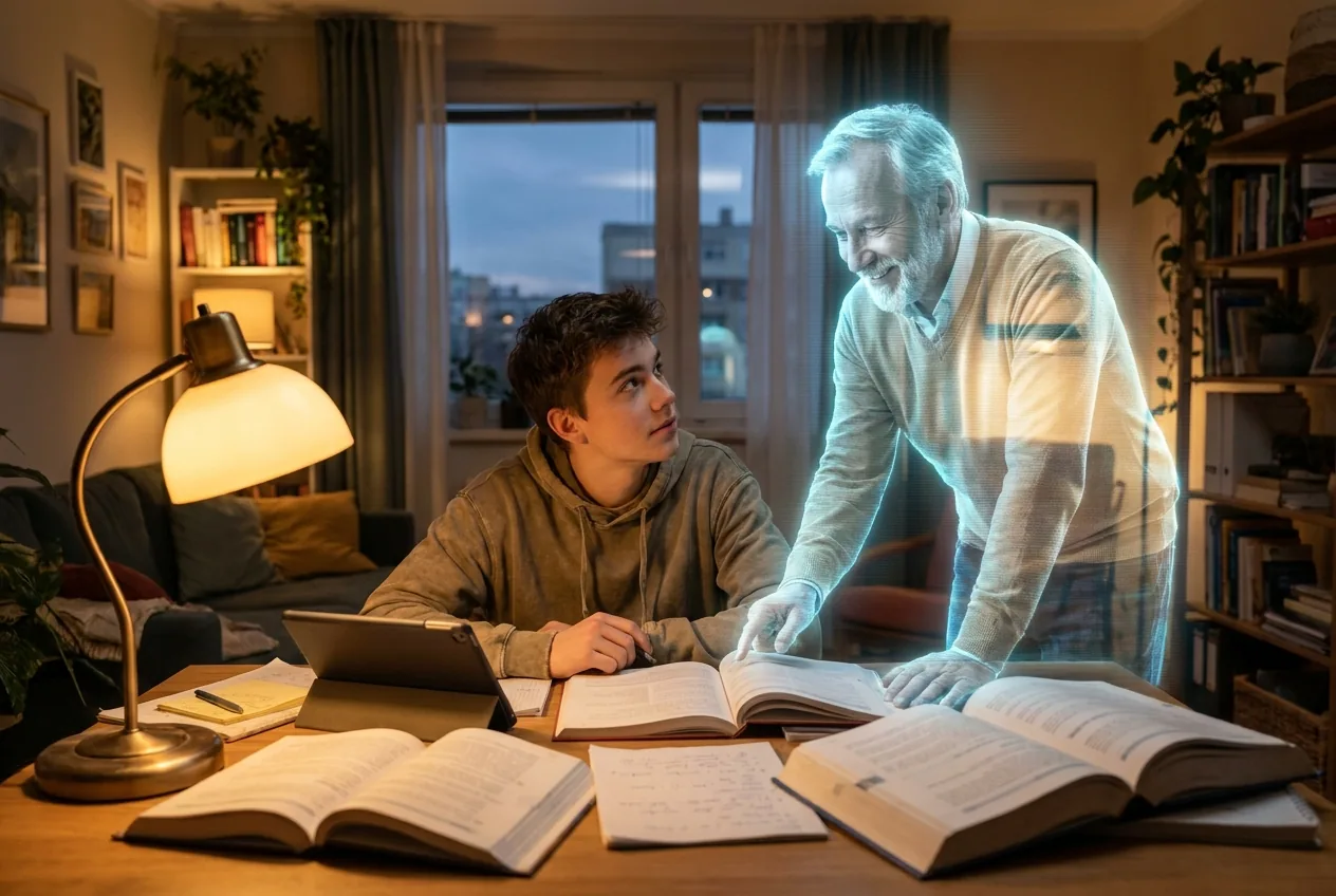 A young student learning beside a holographic tutor at home