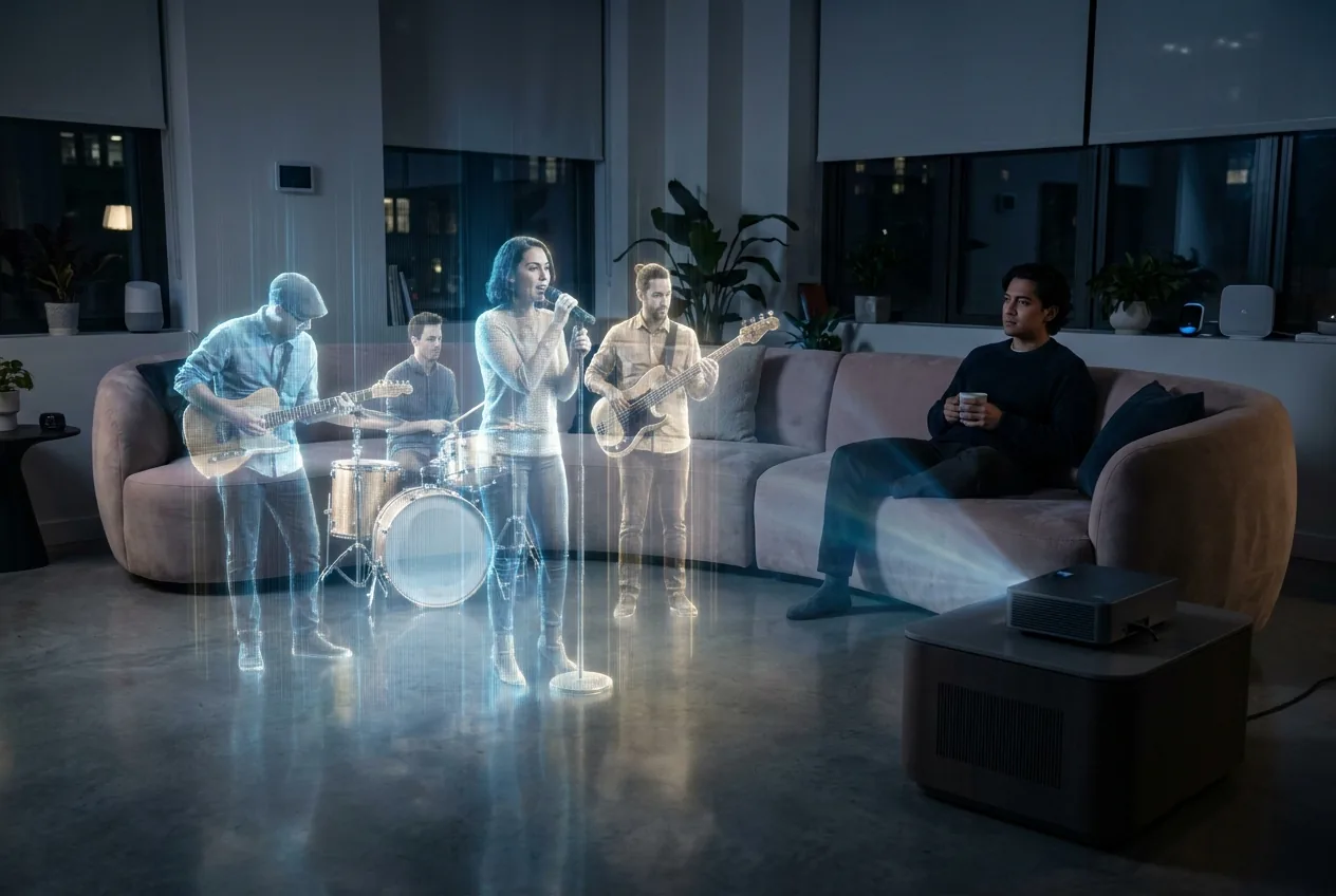 A band performing as a life-size hologram in a living room