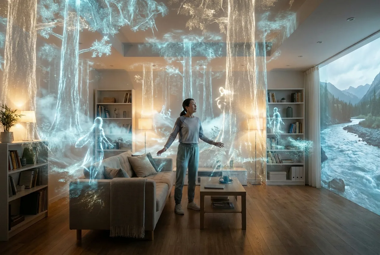 A living room dissolved into an immersive holographic story world