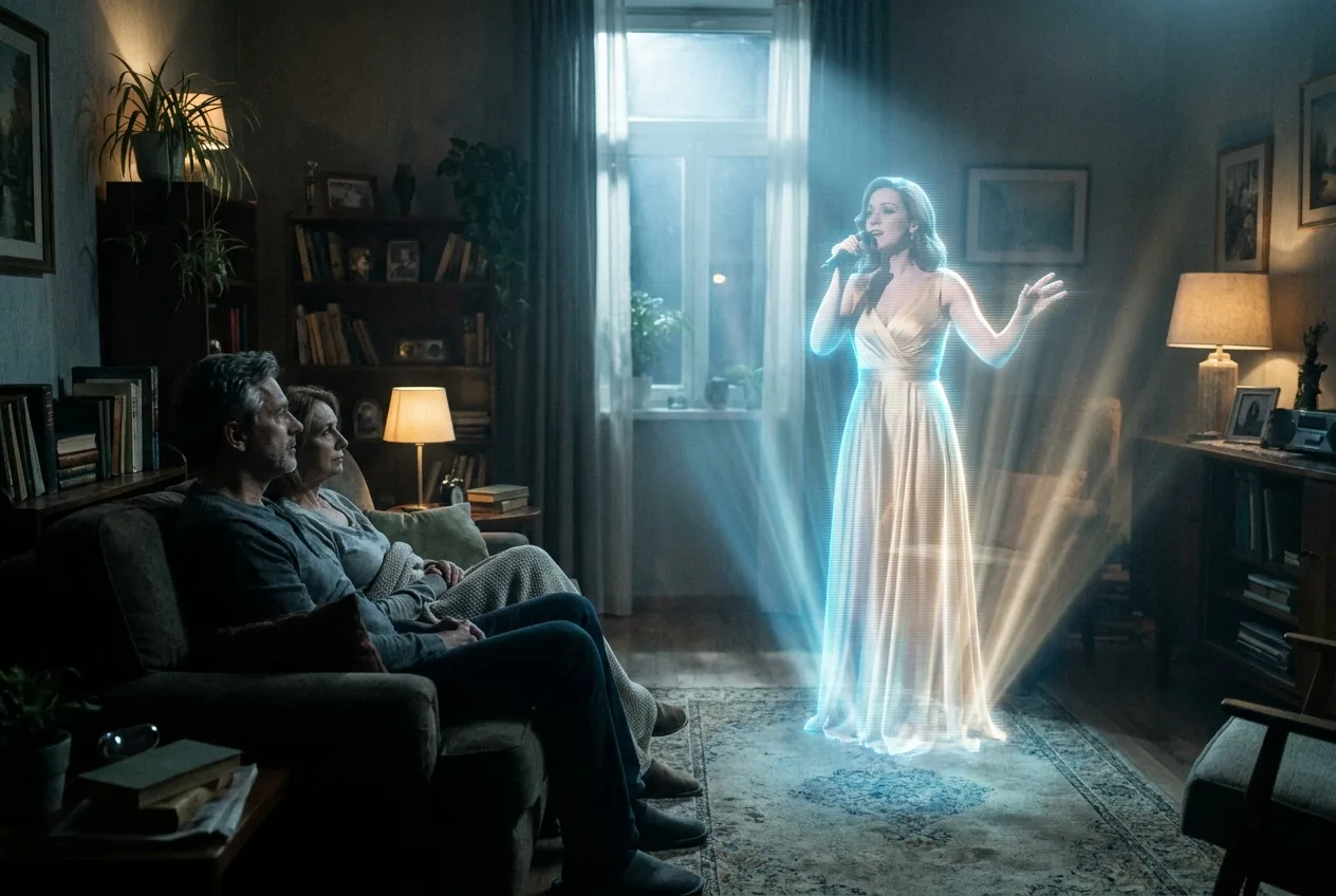 A singer performing as a life-size hologram for a small audience