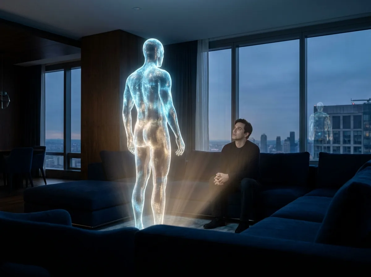 A life-size hologram of a person resolving in a real living room