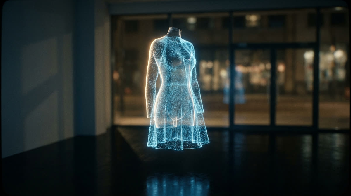 A holographic garment streamed at life size in a dark reflective space