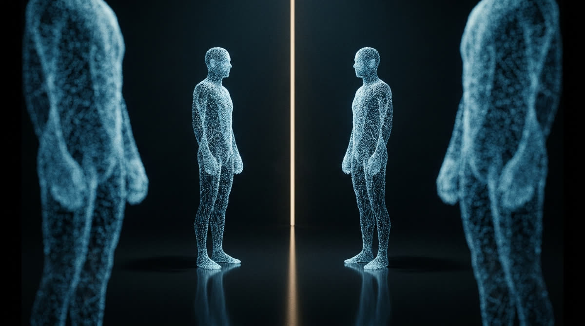 Two identical holographic silhouettes facing each other across a reflective floor