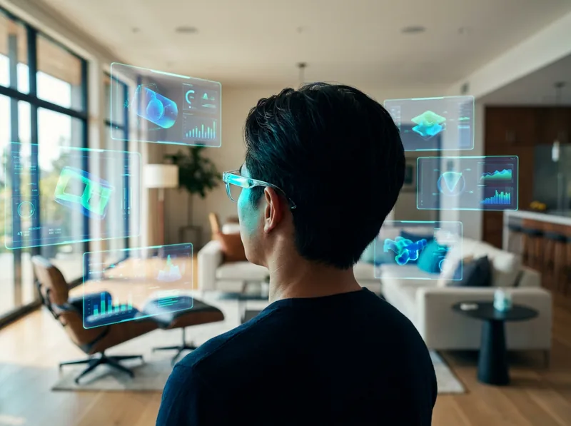 Augmented-reality glasses overlaying vivid cyan holograms onto a real room