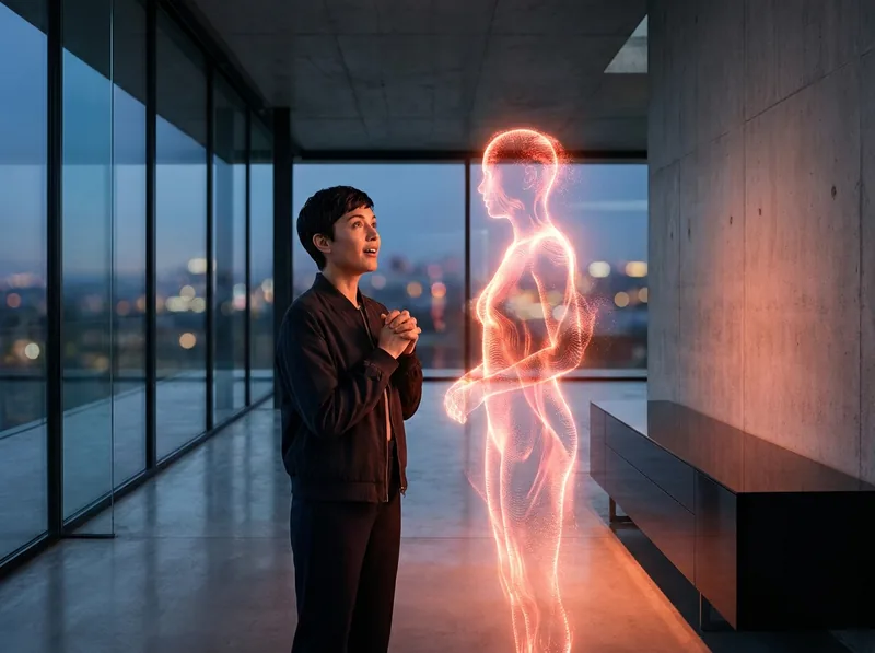 A life-size coral hologram standing in a real room, with no headset worn