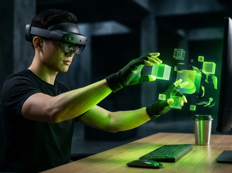 Hands touching lime-green holographic objects merged with the physical desk, through a mixed-reality headset