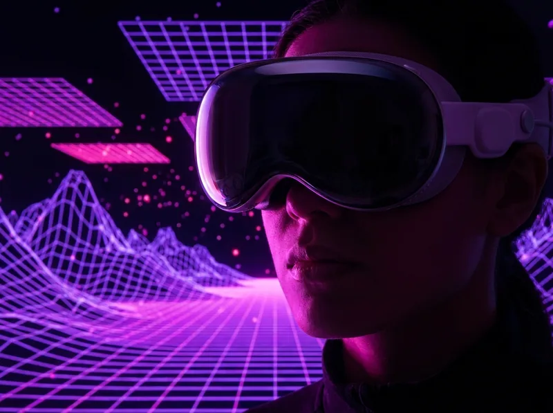 A person inside a fully virtual world of magenta light, wearing a VR headset