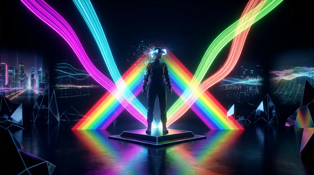 Four realities converging into one radiant spectrum of light around a single figure