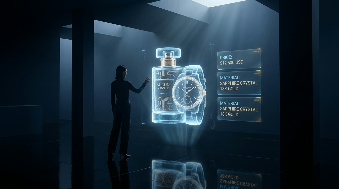 A shopper reaching toward a life-size holographic product in a dark showroom