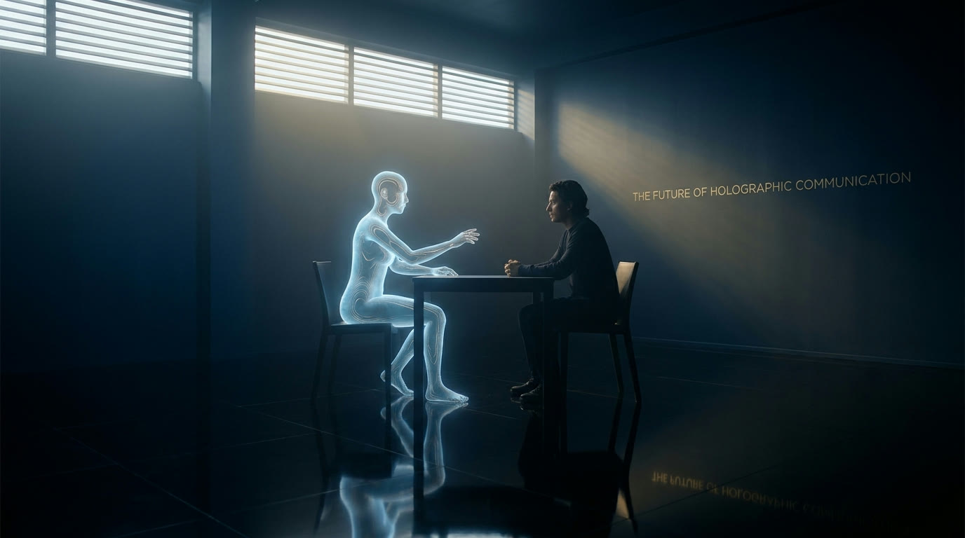 Two people meeting, one real and one a glowing holographic presence