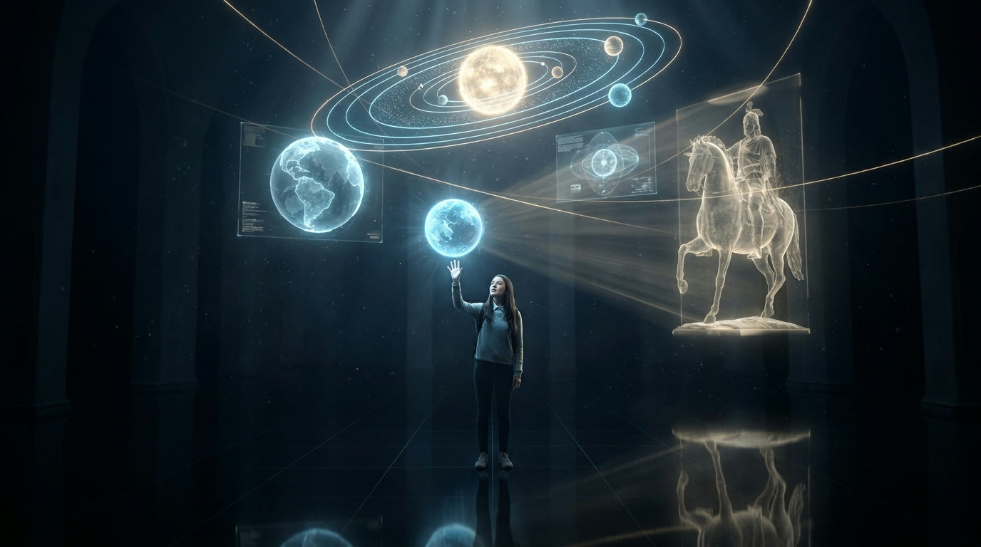 A student standing inside a life-size holographic scene of planets, a globe and floating knowledge