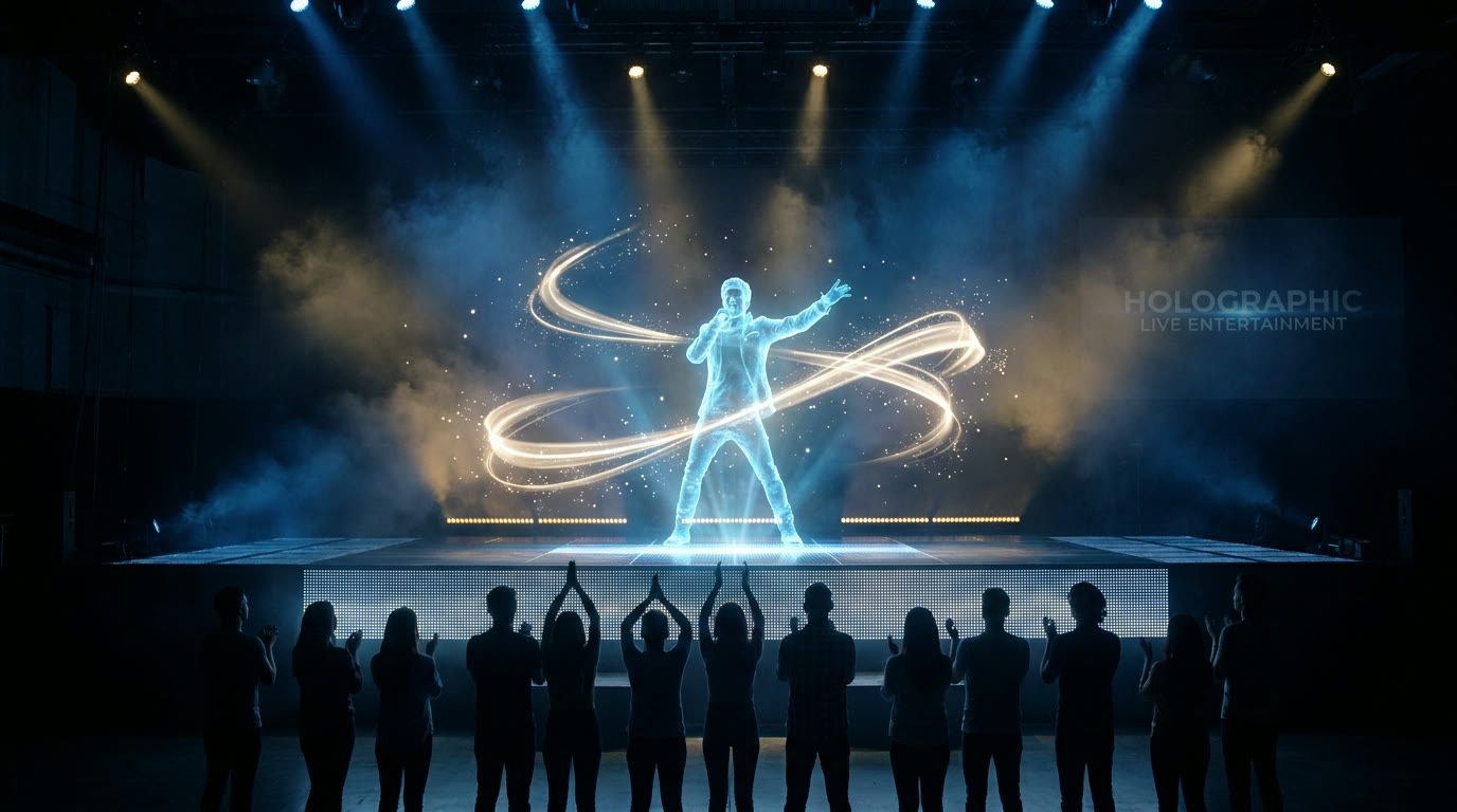 A holographic performer on a dark stage before a silhouetted audience
